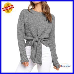 Long Sleeve Cropped Cable Knit Pullover Sweater Tie Front Waist